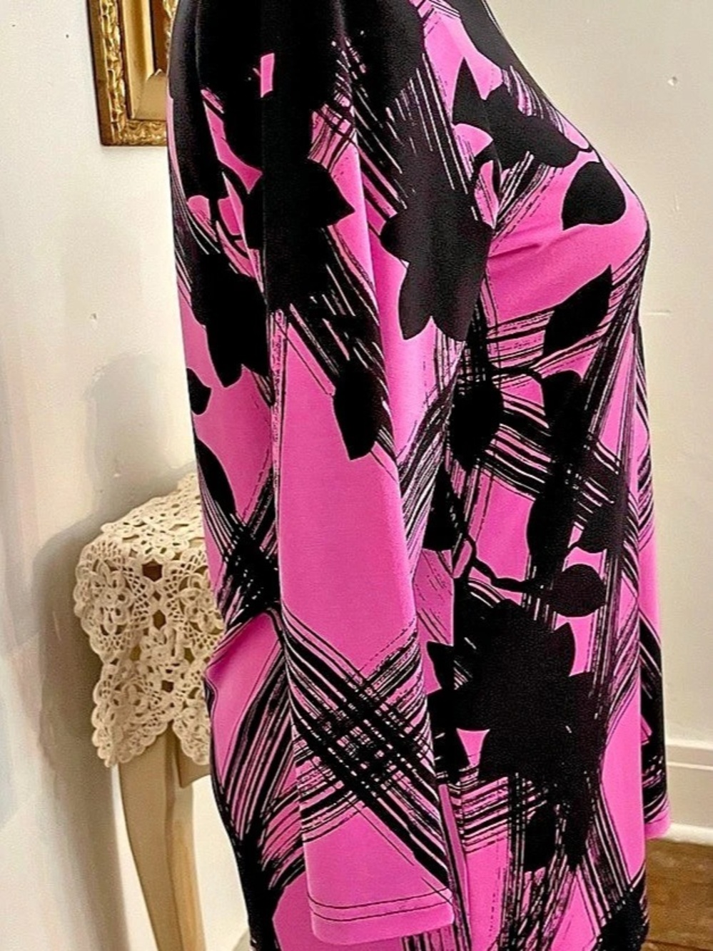 Bob Mackie Wearable Art Pink Black Abstract Floral Brushstroke Top XXS - Picture 5 of 9